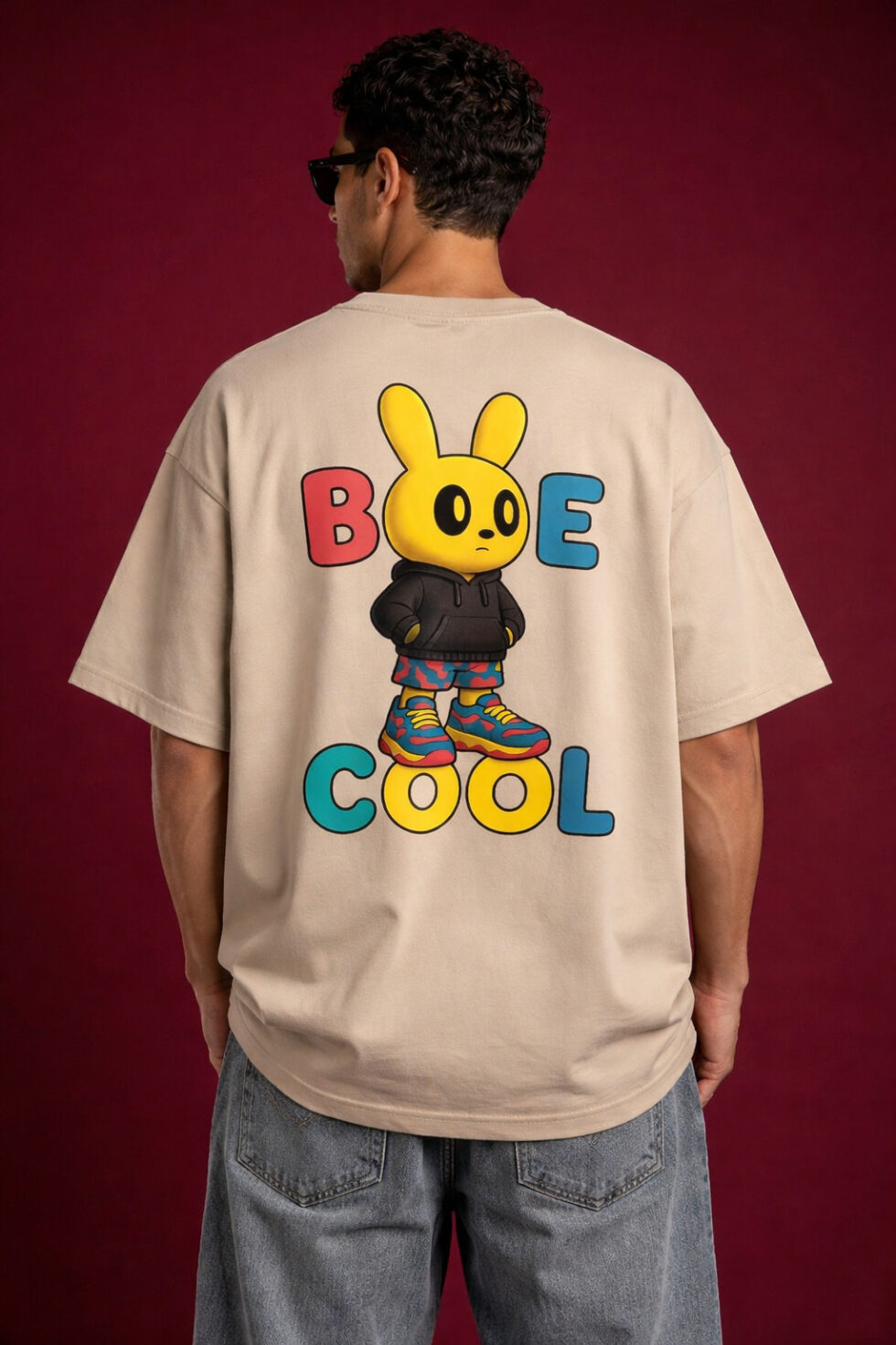 Beige oversized t-shirt worn by male model featuring large colorful “Be Cool” text with cartoon bunny graphic on back, styled with grey jeans on red background
