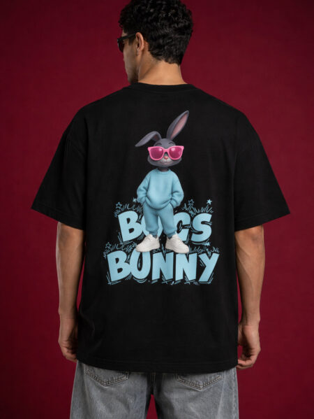 Back view of men’s oversized black t-shirt with bold bunny graphic design, trendy streetwear loose fit tee