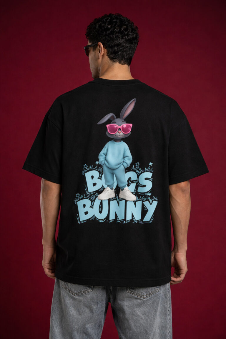 Back view of men’s oversized black t-shirt with bold bunny graphic design, trendy streetwear loose fit tee