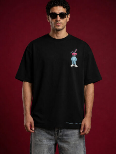 Men’s oversized black t-shirt with cool bunny graphic print, streetwear style loose fit casual fashion tee front view