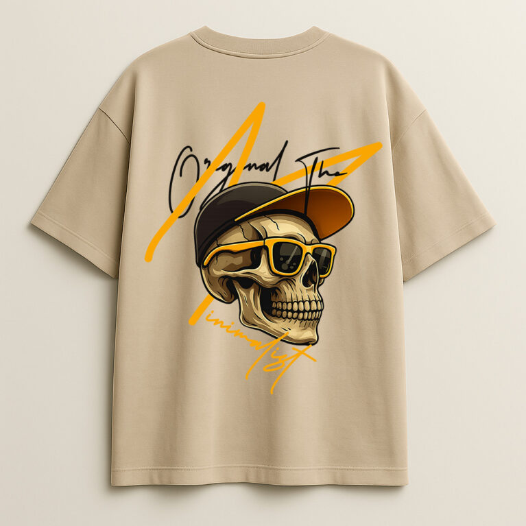 Minimalist skull graphic tee in beige, featuring a cool skull with yellow sunglasses and cap on the back