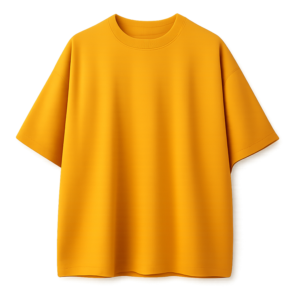 Front view of a plain mustard yellow oversized t-shirt with drop shoulders on a white background