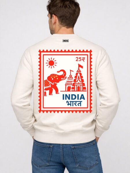 Men's off-white crewneck sweatshirt with large red and blue INDIA BHARAT postage stamp graphic on the back.