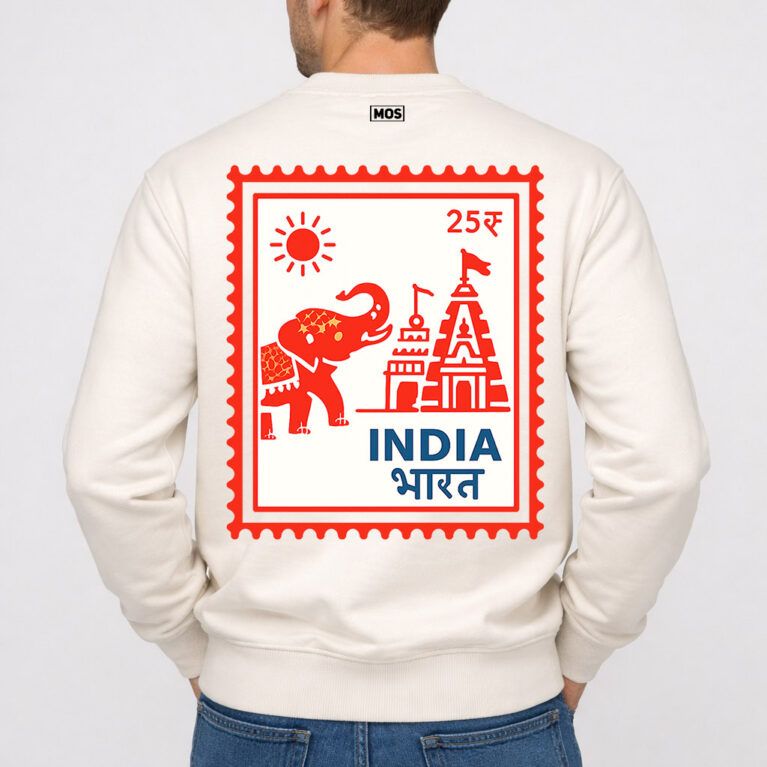 Men's off-white crewneck sweatshirt with large red and blue INDIA BHARAT postage stamp graphic on the back.
