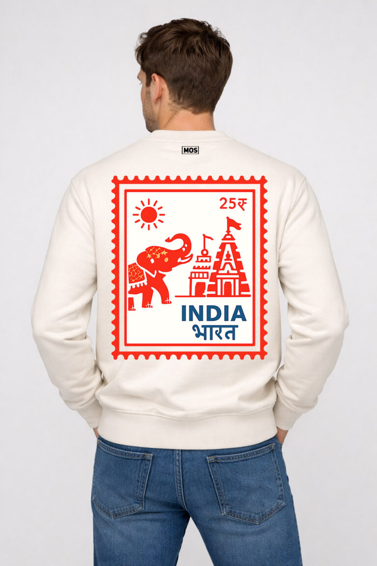 Men's off-white crewneck sweatshirt with large red and blue INDIA BHARAT postage stamp graphic on the back.