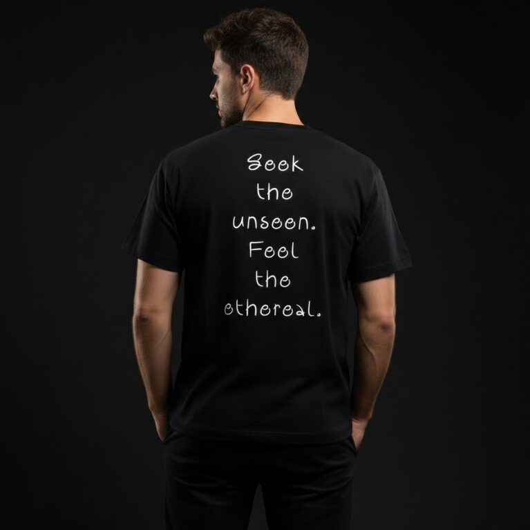 Front view of a black oversized graphic t-shirt featuring a detailed white hand-drawn illustration of two cranes perched on wisteria branches with the word 'ETHEREAL' in minimalist font.