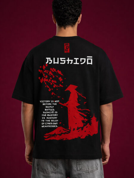 Back view of a black heavyweight cotton t-shirt featuring a large red graphic of a samurai silhouette, cherry blossom petals, and a quote about self-mastery in white and red text