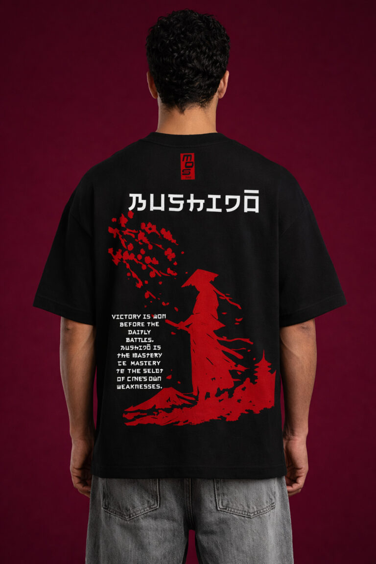 Back view of a black heavyweight cotton t-shirt featuring a large red graphic of a samurai silhouette, cherry blossom petals, and a quote about self-mastery in white and red text