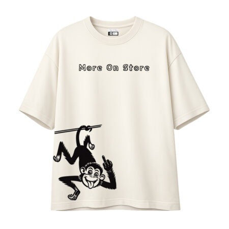 Rebellious Monkey Graphic Oversized T-Shirt - Off-White Vintage Streetwear Tee - Cheeky Cartoon Ape "More On Store" Urban Fashion