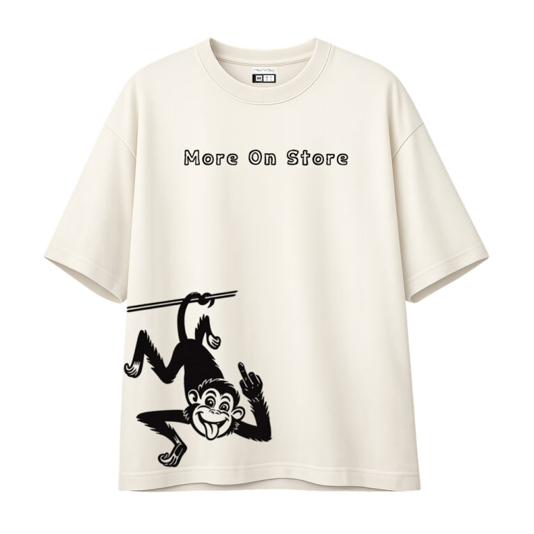 Rebellious Monkey Graphic Oversized T-Shirt - Off-White Vintage Streetwear Tee - Cheeky Cartoon Ape "More On Store" Urban Fashion