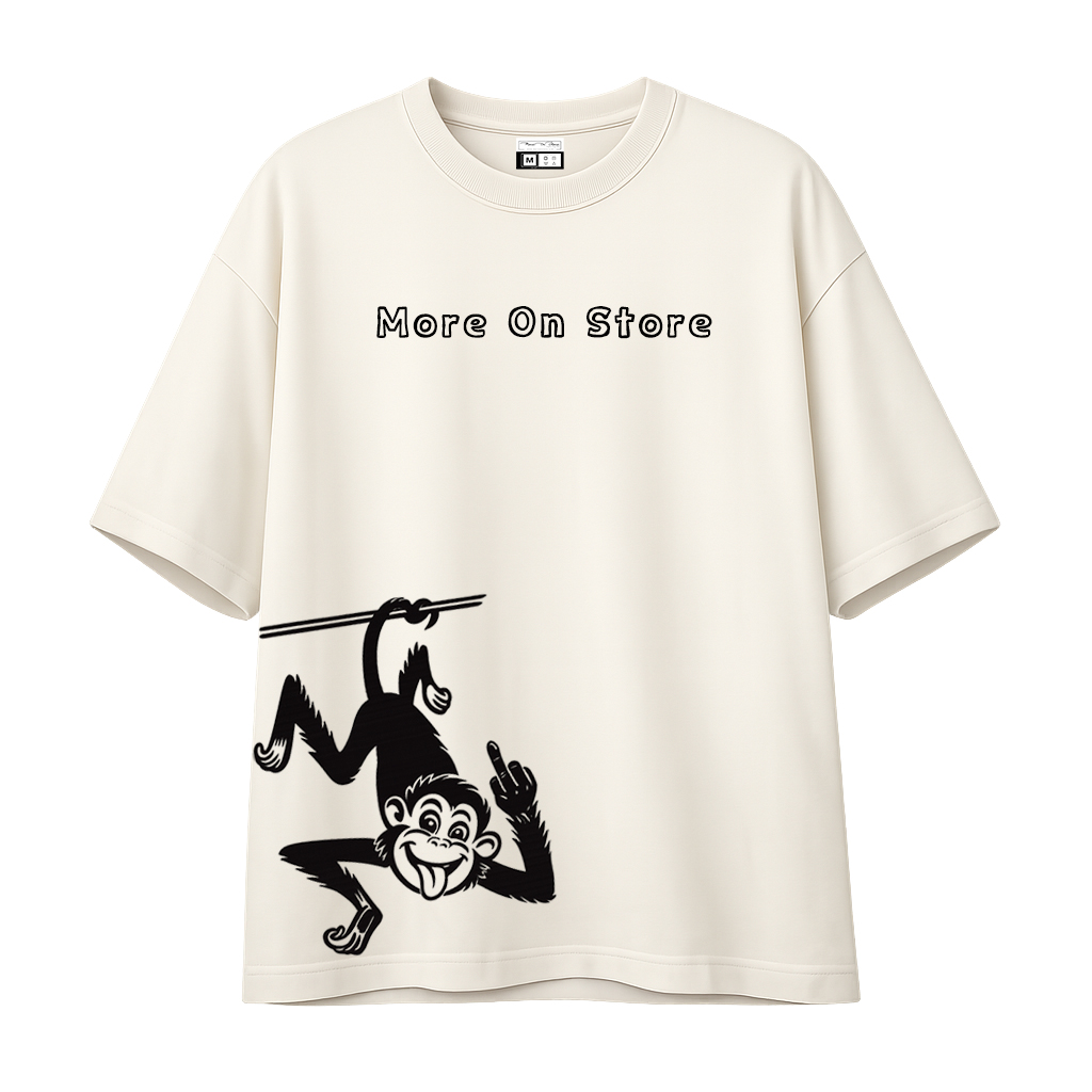Rebellious Monkey Graphic Oversized T-Shirt - Off-White Vintage Streetwear Tee - Cheeky Cartoon Ape "More On Store" Urban Fashion