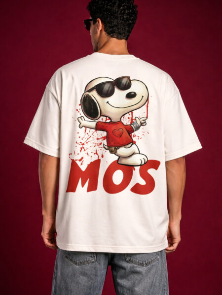 Back view of a cream oversized graphic tee featuring a large Snoopy 'Joe Cool' illustration with a red paint splatter effect and bold 'MOS' lettering. The design shows a modern streetwear silhouette with dropped shoulders and a relaxed fit.