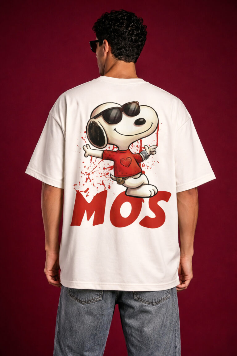 Back view of a cream oversized graphic tee featuring a large Snoopy 'Joe Cool' illustration with a red paint splatter effect and bold 'MOS' lettering. The design shows a modern streetwear silhouette with dropped shoulders and a relaxed fit.