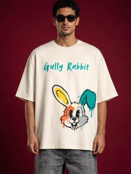 Front view of man wearing Gully Rabbit off-white oversized graphic t-shirt with drip-art bunny