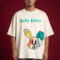 Front view of man wearing Gully Rabbit off-white oversized graphic t-shirt with drip-art bunny
