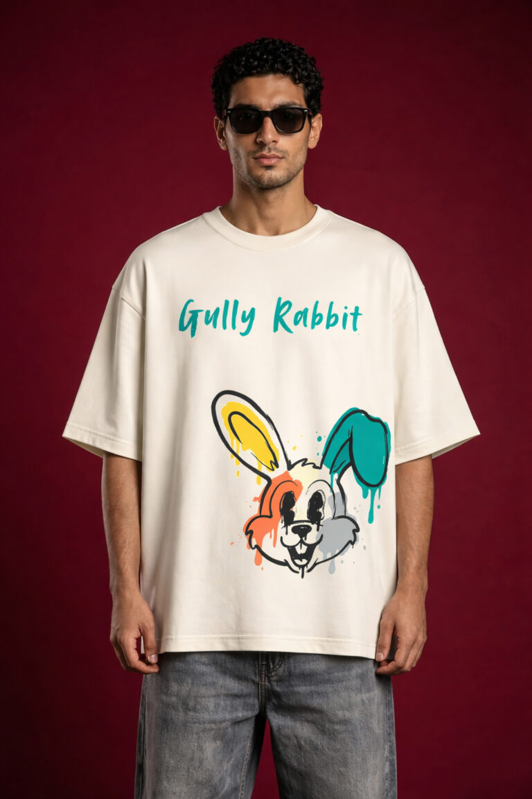 Front view of man wearing Gully Rabbit off-white oversized graphic t-shirt with drip-art bunny