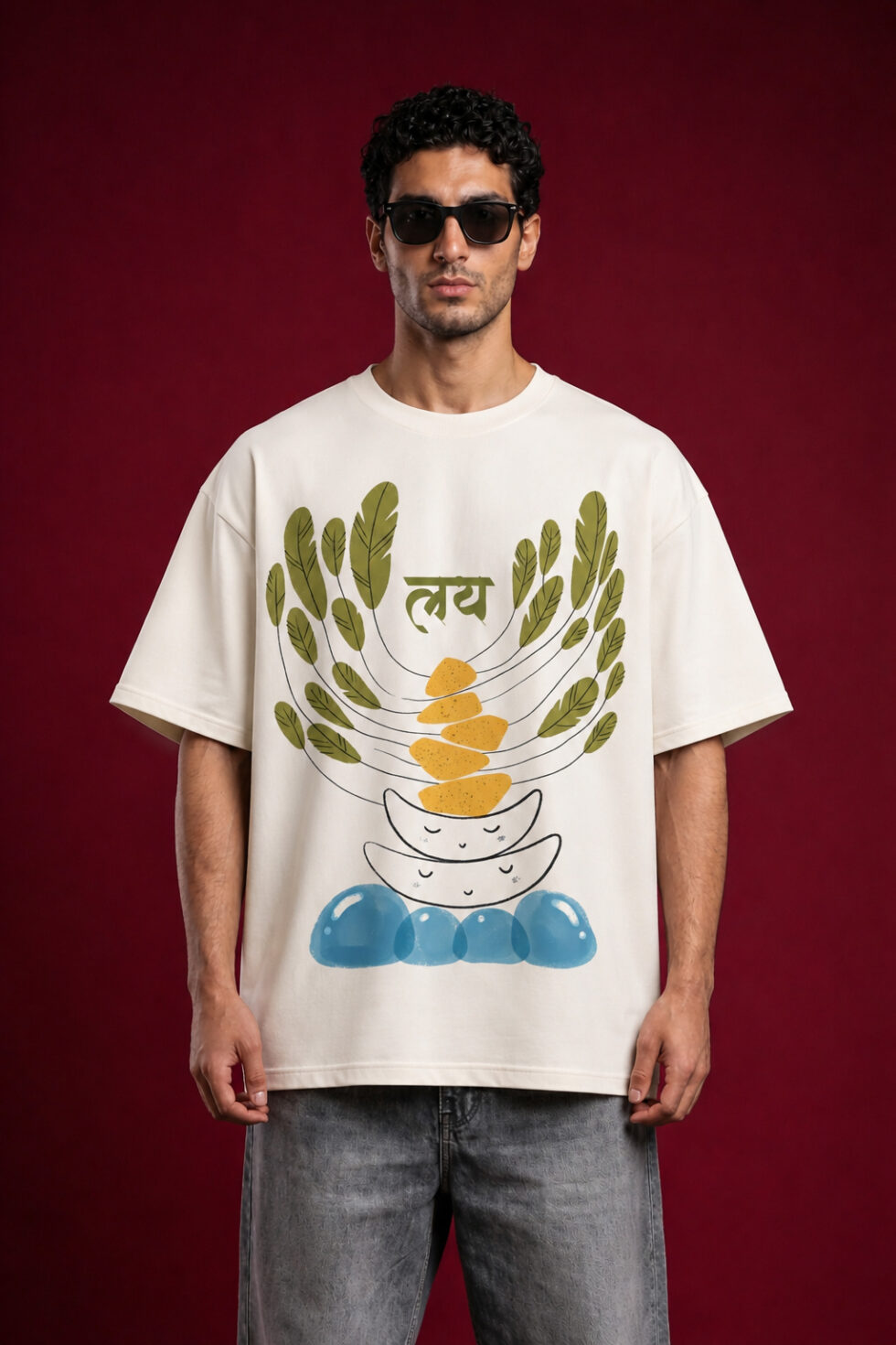 Front view of a man wearing a premium off-white oversized t-shirt featuring a "Laya" (लय) graphic with abstract balancing stones, green leaves, and blue water motifs.