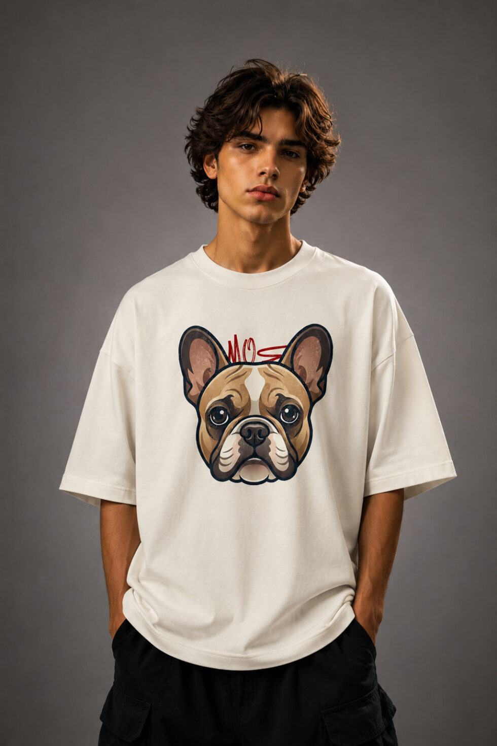 Front view of a male model wearing a cream-colored drop shoulder t-shirt with a detailed French Bulldog face graphic print on the chest