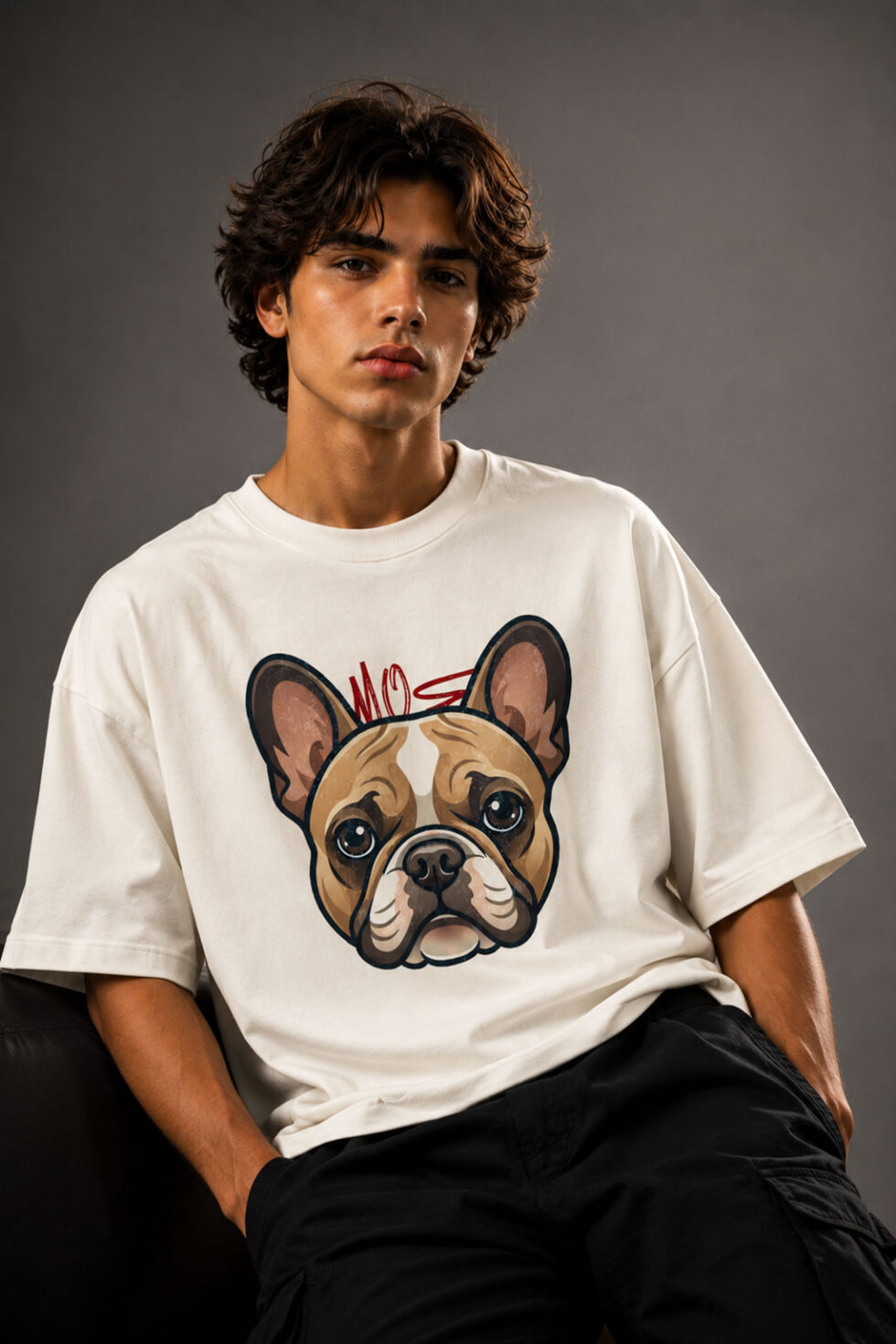 Angled studio shot of a model sitting down, wearing a cream streetwear t-shirt with a French Bulldog graphic design paired with black cargo pants