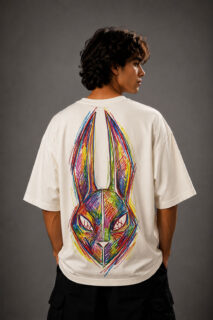 Oversized white MOS graphic t-shirt featuring a colorful abstract rabbit mask design on the front chest and a large vibrant hand-drawn rabbit illustration on the back, styled on a fashion model in a modern streetwear photoshoot.