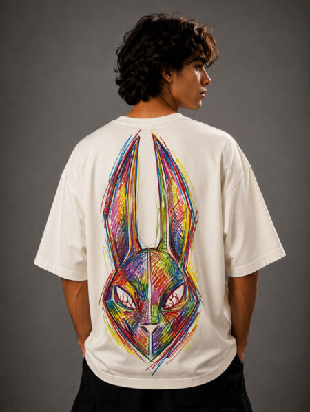 Oversized white MOS graphic t-shirt featuring a colorful abstract rabbit mask design on the front chest and a large vibrant hand-drawn rabbit illustration on the back, styled on a fashion model in a modern streetwear photoshoot.