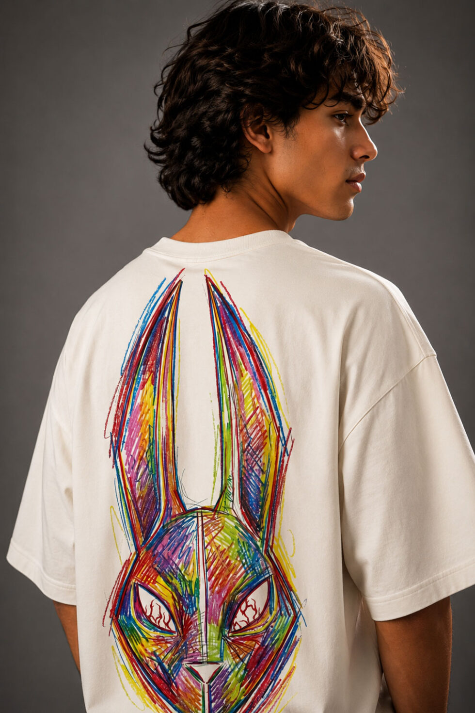 Oversized white MOS graphic t-shirt featuring a colorful abstract rabbit mask design on the front chest and a large vibrant hand-drawn rabbit illustration on the back, styled on a fashion model in a modern streetwear photoshoot.