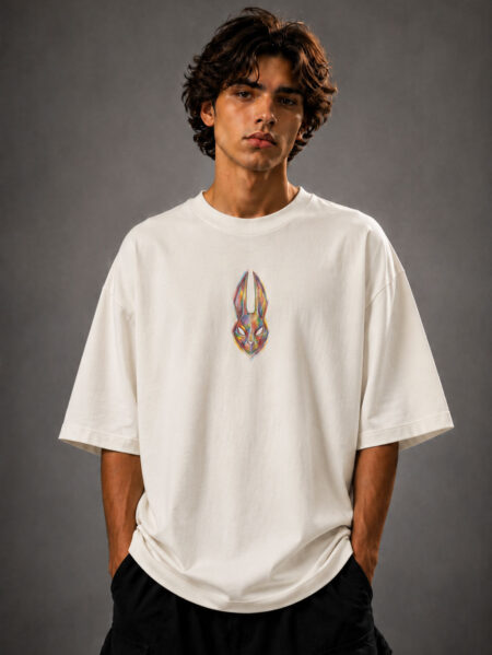 Oversized white MOS graphic t-shirt featuring a colorful abstract rabbit mask design on the front chest and a large vibrant hand-drawn rabbit illustration on the back, styled on a fashion model in a modern streetwear photoshoot.
