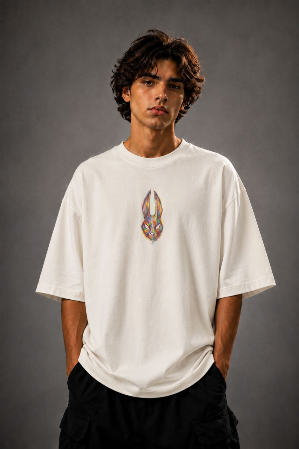 Oversized white MOS graphic t-shirt featuring a colorful abstract rabbit mask design on the front chest and a large vibrant hand-drawn rabbit illustration on the back, styled on a fashion model in a modern streetwear photoshoot.