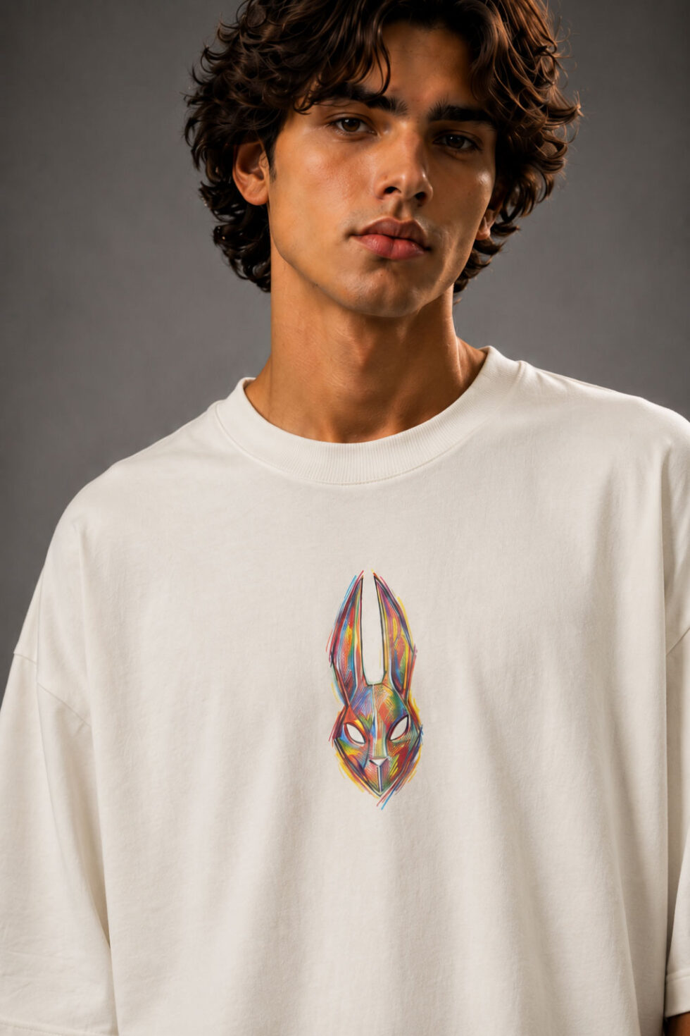Oversized white MOS graphic t-shirt featuring a colorful abstract rabbit mask design on the front chest and a large vibrant hand-drawn rabbit illustration on the back, styled on a fashion model in a modern streetwear photoshoot.