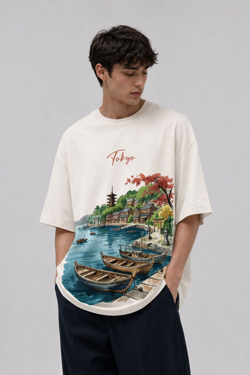 Front view of a man wearing a casual off-white oversized graphic tee featuring a colorful watercolor illustration of a traditional Japanese coastal village with wooden boats, a pagoda, and red autumn trees under a cursive "Tokyo" text.