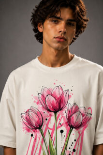 MOS oversized off-white t-shirt featuring pink watercolor tulip floral graphic print on premium cotton fabric worn by male model