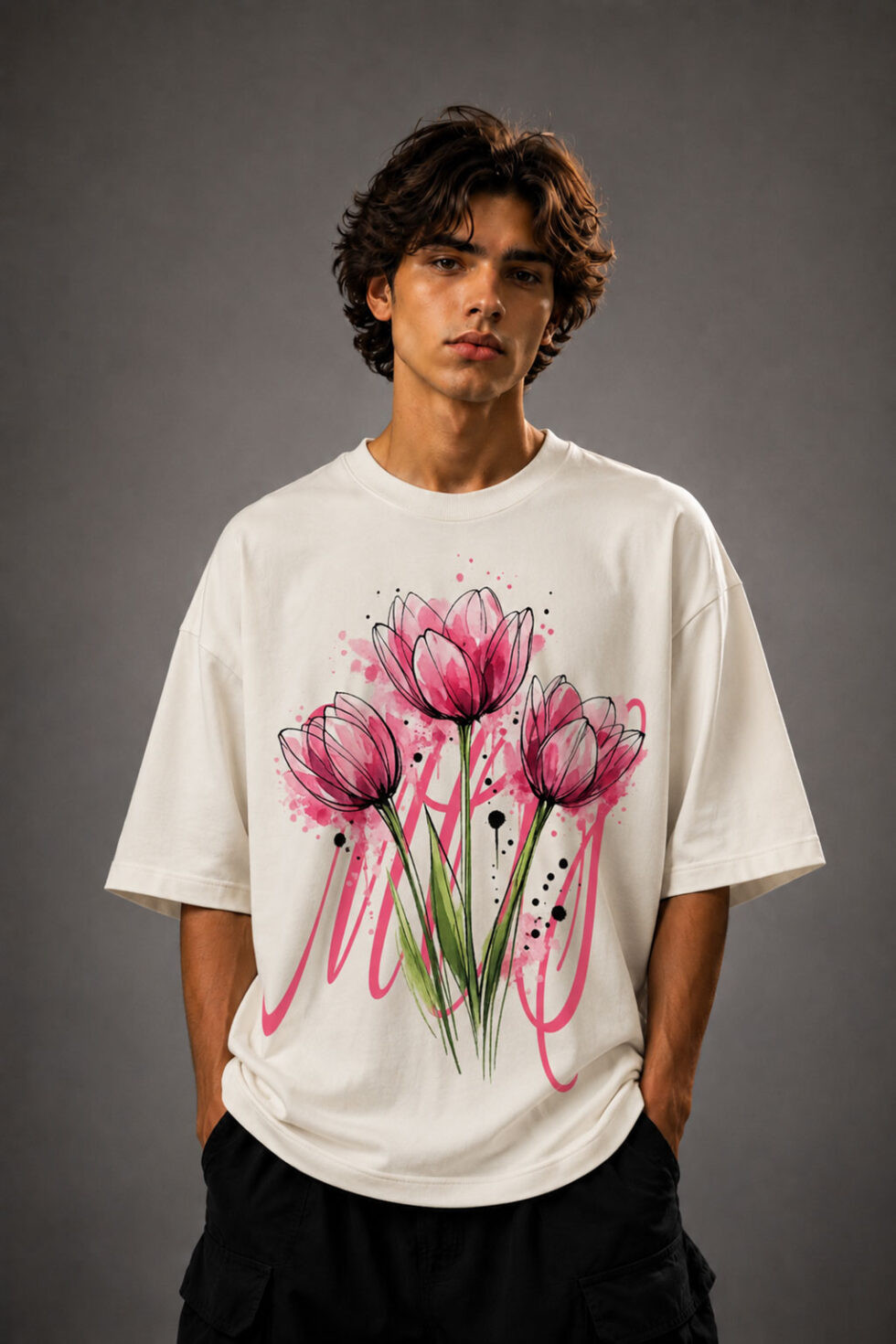 MOS oversized off-white t-shirt featuring pink watercolor tulip floral graphic print on premium cotton fabric worn by male model
