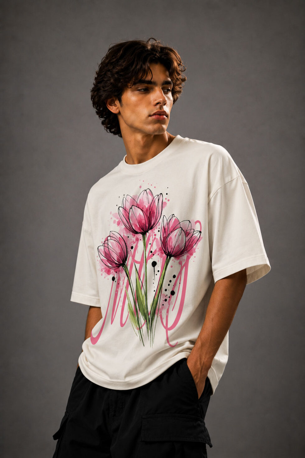 MOS oversized off-white t-shirt featuring pink watercolor tulip floral graphic print on premium cotton fabric worn by male model