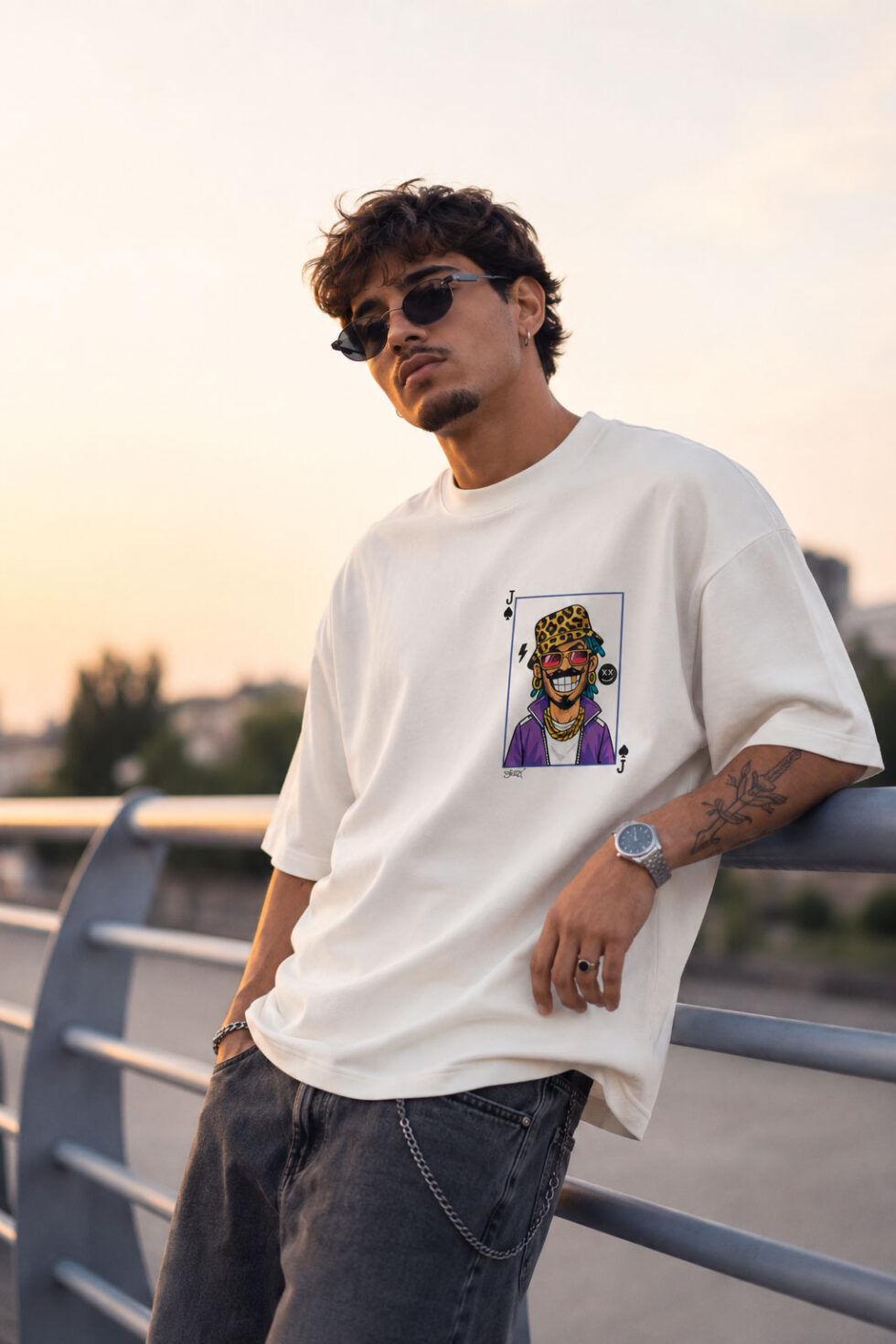 Front view of a man leaning on a bridge railing at sunset, wearing an off-white boxy-fit graphic tee with a small playing card character print on the left chest.