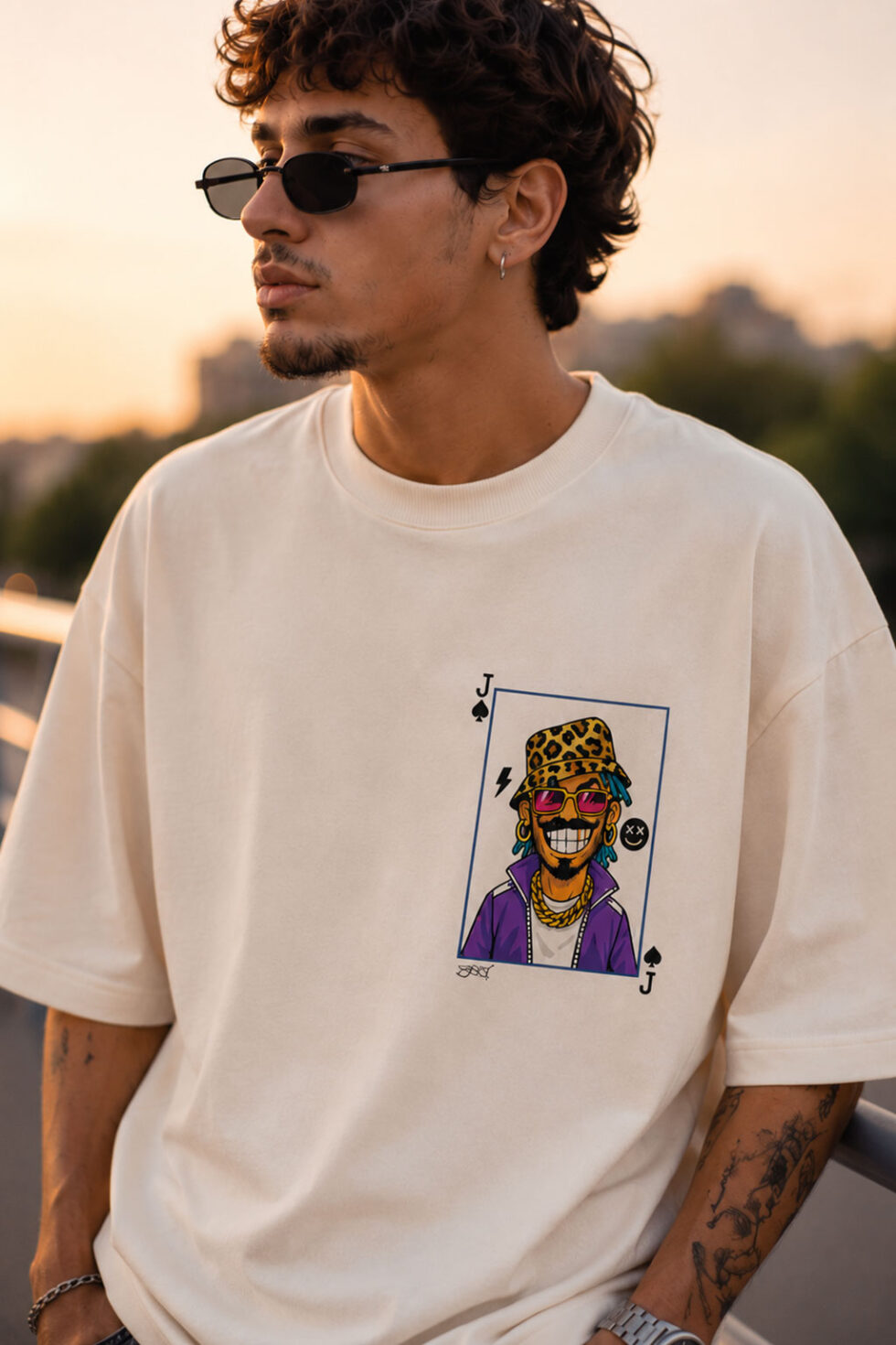 Close-up front shot of a man wearing a cream oversized crewneck t-shirt, highlighting the colorful playing card graphic on the chest, paired with black sunglasses.