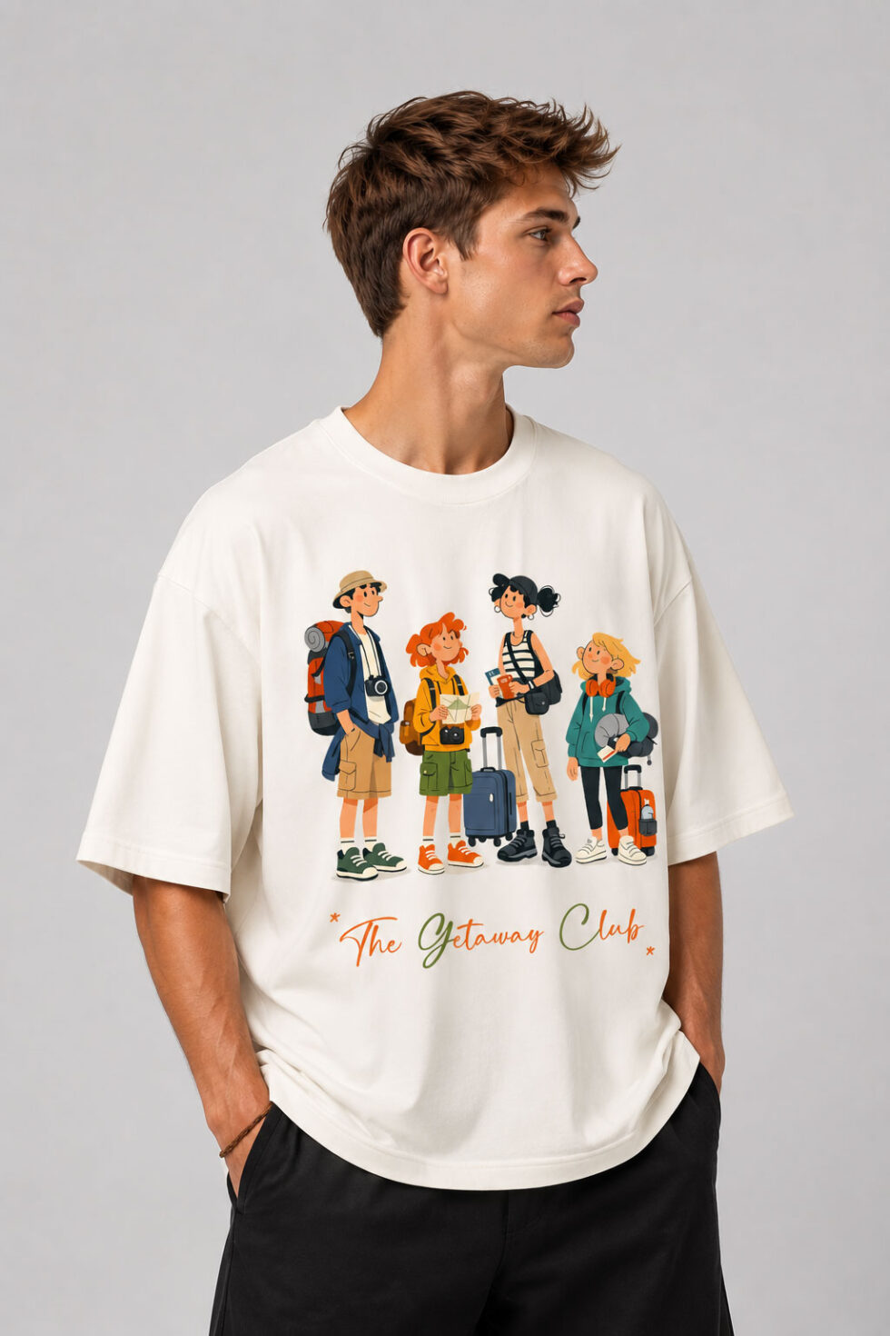 Side profile view of a male model showcasing the relaxed drop-shoulder fit and loose sleeve design of a premium cream streetwear t-shirt