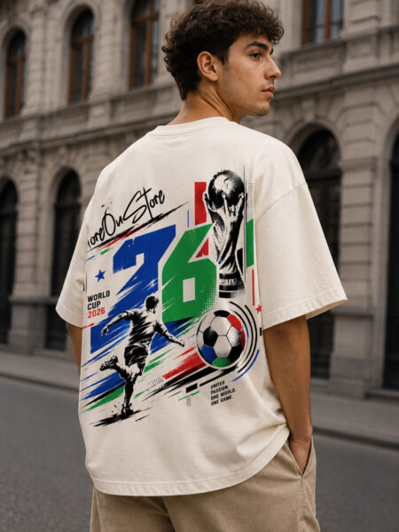 MOS World Cup 2026 oversized off white graphic t-shirt featuring bold football-inspired front and back print with premium streetwear design for men and women