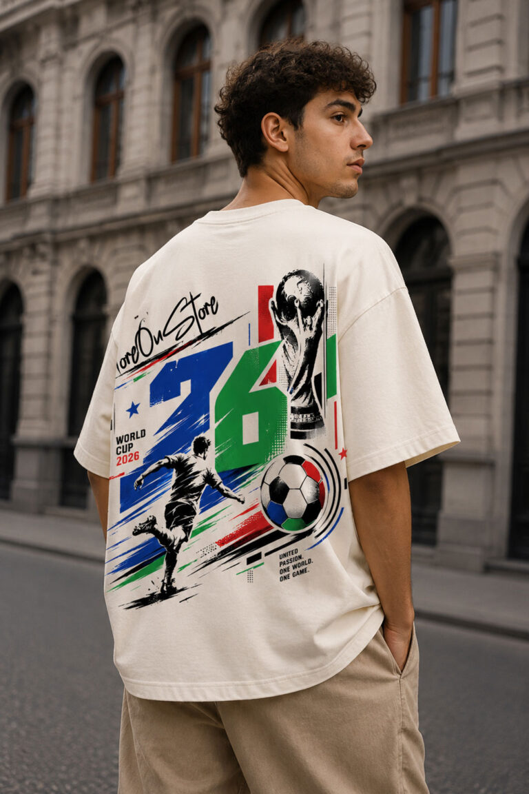 MOS World Cup 2026 oversized off white graphic t-shirt featuring bold football-inspired front and back print with premium streetwear design for men and women