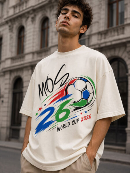 MOS World Cup 2026 oversized off white graphic t-shirt featuring bold football-inspired front and back print with premium streetwear design for men and women