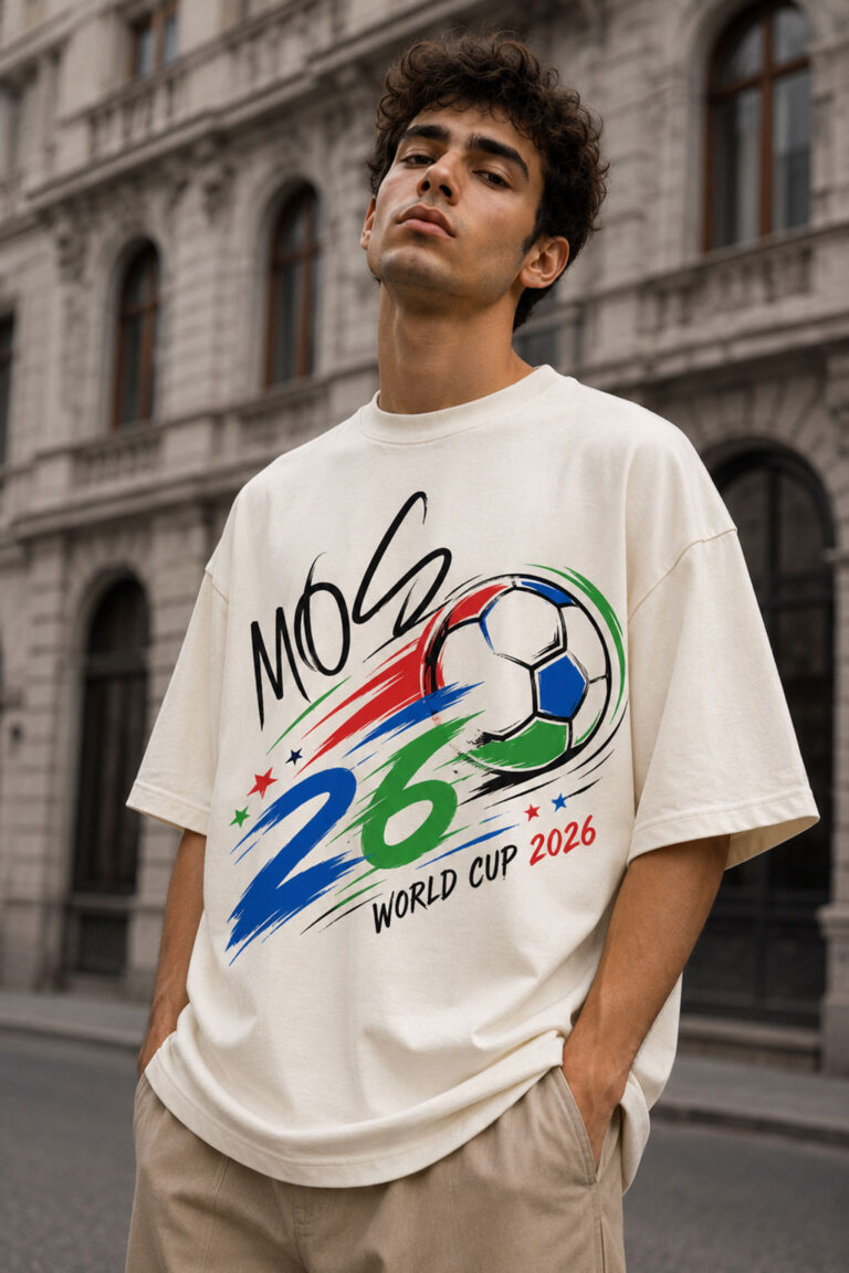 MOS World Cup 2026 oversized off white graphic t-shirt featuring bold football-inspired front and back print with premium streetwear design for men and women