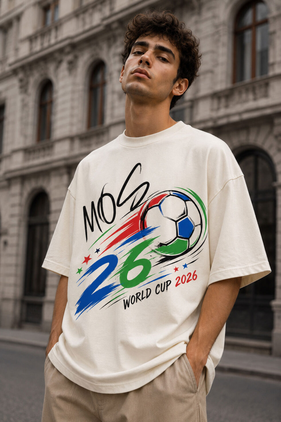 MOS World Cup 2026 oversized off white graphic t-shirt featuring bold football-inspired front and back print with premium streetwear design for men and women