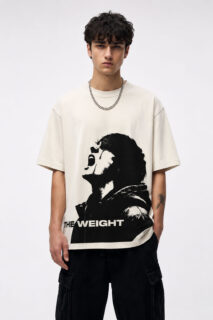 MOS The Weight oversized off white graphic t-shirt for men made with premium 240 GSM cotton featuring bold black streetwear print and relaxed fit.