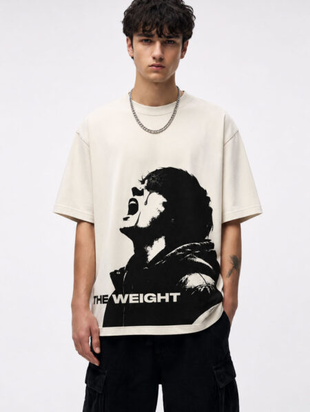 MOS The Weight oversized off white graphic t-shirt for men made with premium 240 GSM cotton featuring bold black streetwear print and relaxed fit.