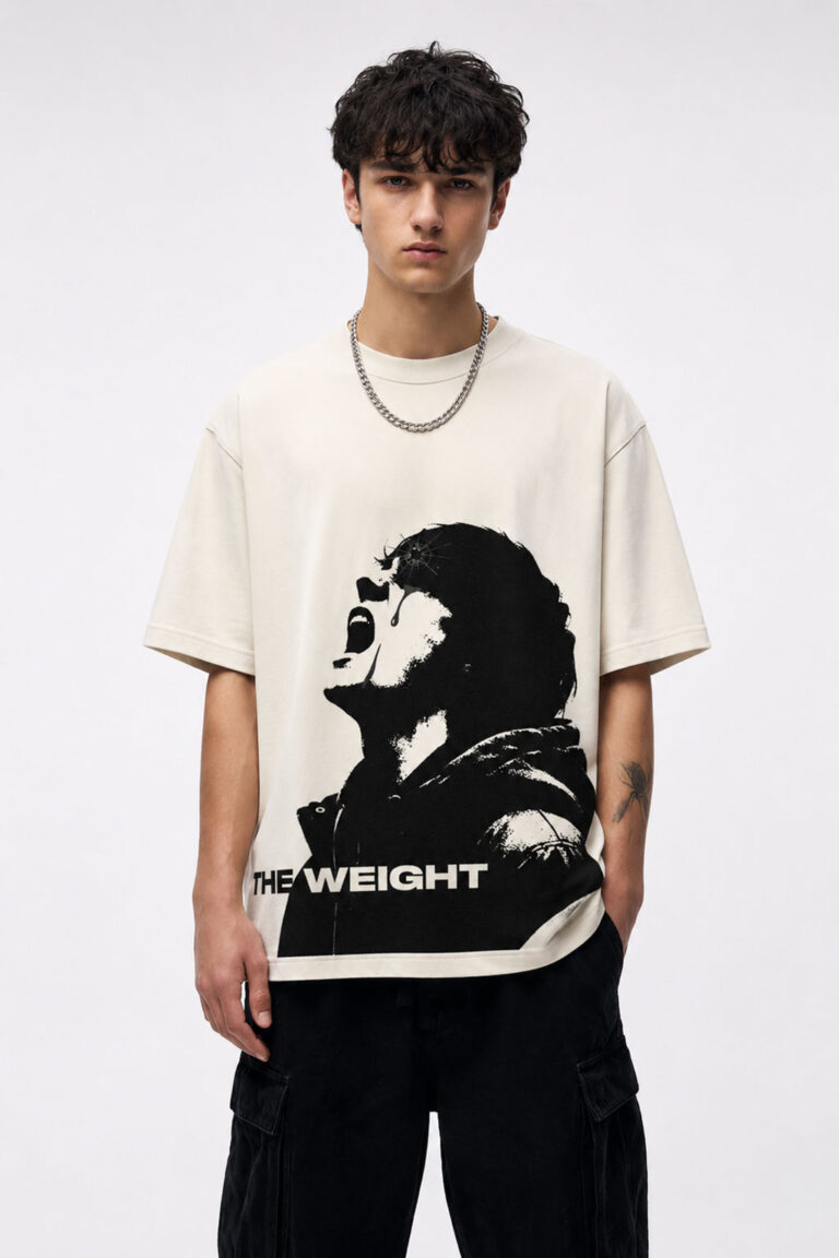MOS The Weight oversized off white graphic t-shirt for men made with premium 240 GSM cotton featuring bold black streetwear print and relaxed fit.