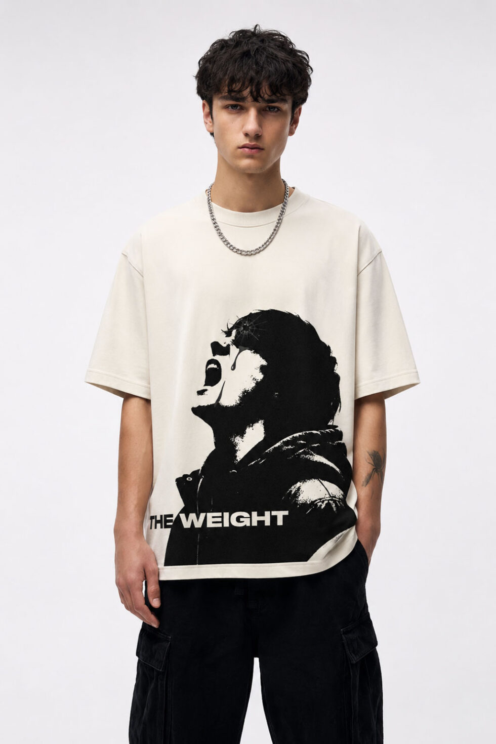 MOS The Weight oversized off white graphic t-shirt for men made with premium 240 GSM cotton featuring bold black streetwear print and relaxed fit.