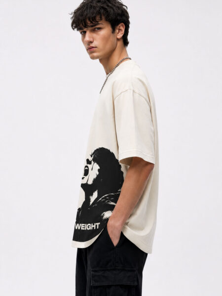MOS The Weight oversized off white graphic t-shirt for men made with premium 240 GSM cotton featuring bold black streetwear print and relaxed fit.