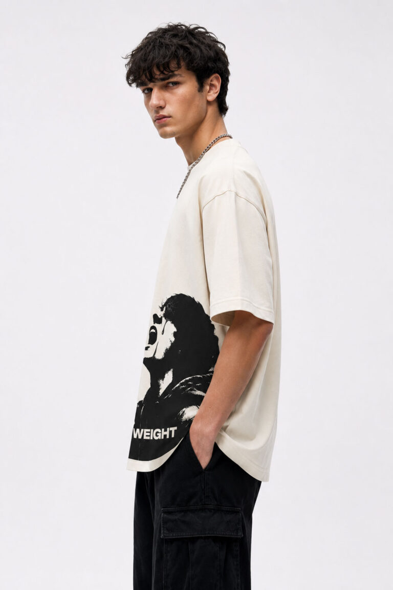 MOS The Weight oversized off white graphic t-shirt for men made with premium 240 GSM cotton featuring bold black streetwear print and relaxed fit.