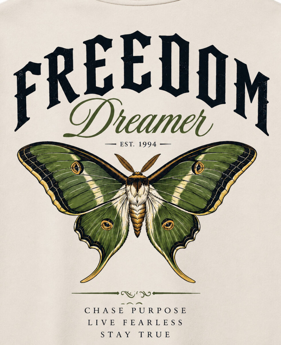 Freedom Dreamer oversized cotton graphic t-shirt for men featuring vintage moth artwork on the back and bold typography on premium off-white oversized streetwear tee