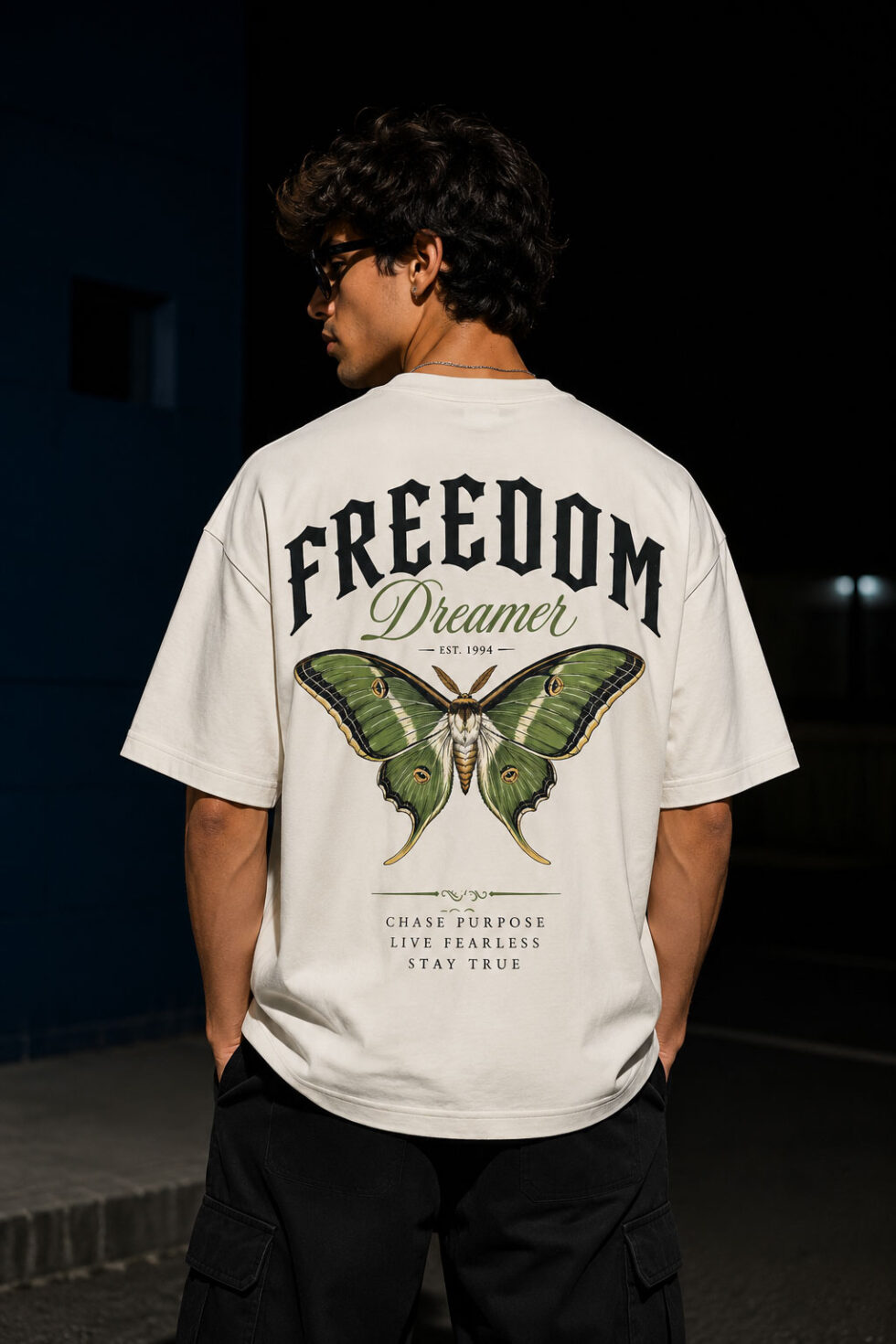 Freedom Dreamer oversized cotton graphic t-shirt for men featuring vintage moth artwork on the back and bold typography on premium off-white oversized streetwear tee