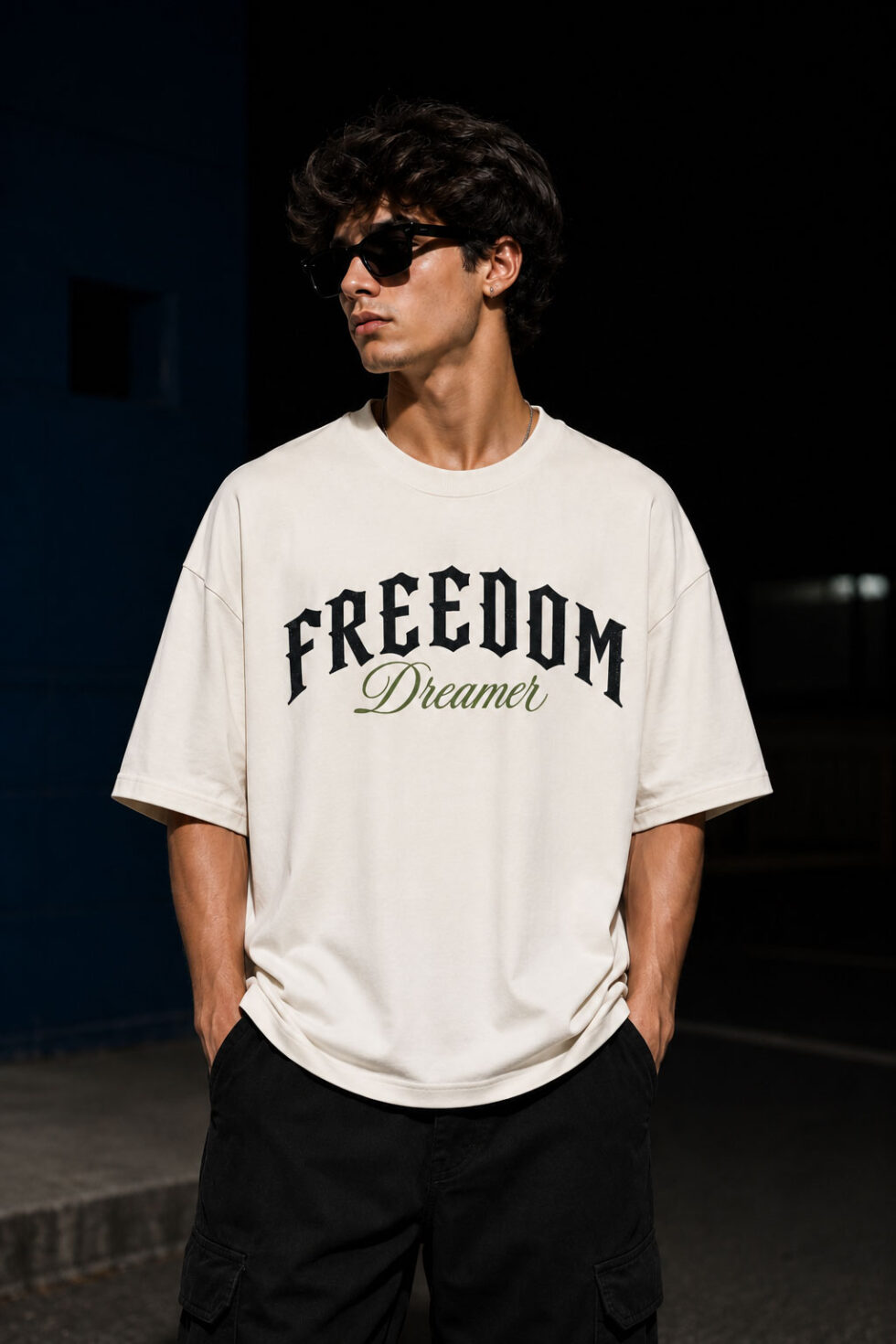 Freedom Dreamer oversized cotton graphic t-shirt for men featuring vintage moth artwork on the back and bold typography on premium off-white oversized streetwear tee